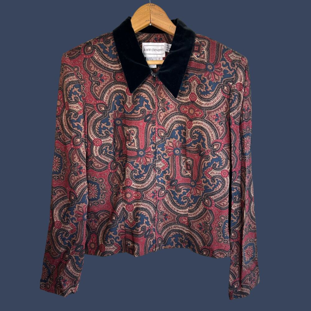 Vintage 90s Karin Stevens Paisley Print with Velvet Trim Zip Up Blouse